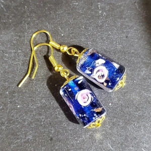 Cobalt Blue Murano Lampwork Glass Flower Inside Vintage Bead Round Tube Earrings